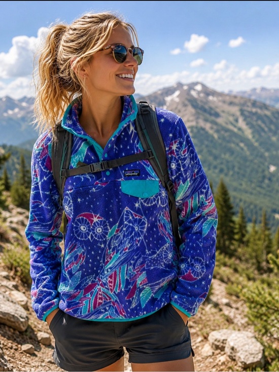 Patagonia Jackets & Blazers - Patagonia Blue Multicolor Owl Print Teddy Fleece Pullover